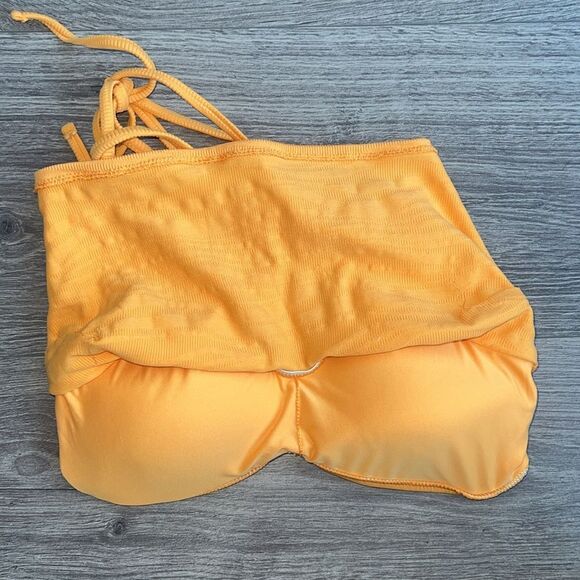 AERIE Bandeau Bikini Top XS Ribbed Orange Keyhole Halter Neck Y2K Beach Summer - Picture 7 of 8